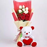 Red and White Roses Bouquet with Teddy Bear