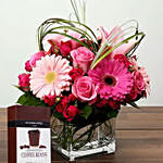 Pink Flowers Vase & Milk Coffee Beans
