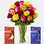 Vivid Roses Vase & Flavourful Chocolates