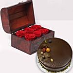 6 Red Forever Roses In Treasure Box & Chocolate Cake