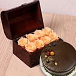 8 Peach Forever Roses in Treasure Box & Chocolate Cake
