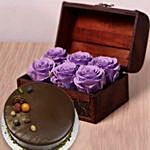 Chocolate Cake & 6 Purple Forever Roses in Treasure Box