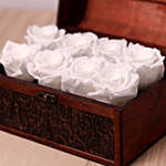 White Forever Roses In Wooden Box
