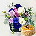 Box Of Mixed Roses with Fruit Cake