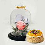 Forever Rose In Glass Dome Pink with Fruit Cake