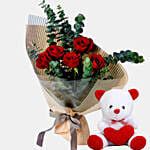 Red 5 Roses Love Bouquet With 6 inches Teddy Bear