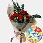 Red 5 Roses Love Bouquet with Birthday Balloon