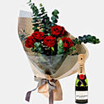 Red 5 Roses Love Bouquet with Moet mini brut 200 ml