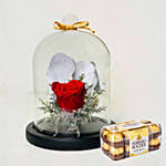 Red Forever Rose In Glass Dome with Ferrero Rocher
