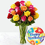 Vase Of 12 Vivid Roses With Birthday Balloon