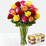 Vase Of 12 Vivid Roses with Ferrero Rocher