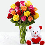 Vase Of 24 Vivid Roses with 6 Inches Teddy Bear
