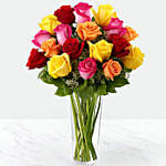 Vase Of 24 Vivid Roses with 6 Inches Teddy Bear