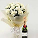 12 White Carnations Bouquet Medium with Moet Champagne 200 ml