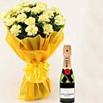 20 Yellow Carnations Bouquet Large with Moet Champagne 200 ml