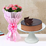 Beautiful Pink Carnations Bouquet with Chocolate Cake