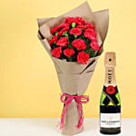 Gorgeous Dark Pink Carnations Bouquet with Moet Champagne 200 ml