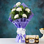 Heavenly White Carnations Bunch with Ferrero Rocher
