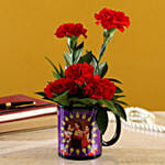 Red Carnations Bunch In Black Personalised Mug with Chocolate Cake