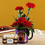 Red Carnations Bunch In Black Personalised Mug with Ferrero Rocher