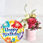 Pink Roses Box With Rocher & Birthday Balloon
