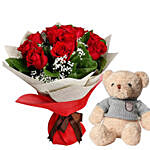 Bunch Of Ravishing Red Roses with Brown Teddy