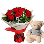 Bunch Of Ravishing Red Roses with Brown Teddy