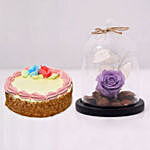Purple Forever Rose In Glass Dome & Mini Cheese Cake