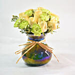 Green Carnations & Champagne Rose In Glass Vase