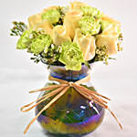 Green Carnations & Champagne Rose In Glass Vase