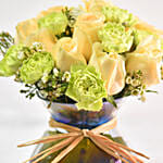 Green Carnations & Champagne Rose In Glass Vase