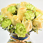 Green Carnations & Champagne Rose In Glass Vase