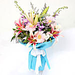 Lovely Gerberas And Lavender Flower With Anniversary Balloon