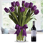 10 Sweet Tulips In Glass Vase With Jacob Creek Wine