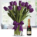 10 Sweet Tulips In Glass Vase With Moet and Chandon
