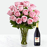 12 Delicate Pink roses Vase With Tesco Rosso Wine