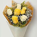 Bunch Of 6 White and Yellow Roses with Cushion