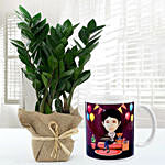 Jute Wrapped Jamia Plant With Personalised Birthday Caricature Mug