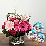 Sweet Bunch of Flowers In Glass Vase With Birthday Balloon