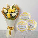 Bouquet of Yellow and White Roses with Anniversary Balloon
