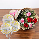 Sweet Roses Flower With Anniversary Balloon