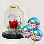 Red Rose In Glass Dome With Birthday Balloon