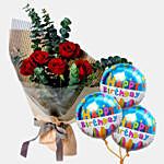 5 Red Roses Bouquet With Anniversary Balloon