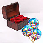 6 Red Roses Treasure Box With Birthday Balloon