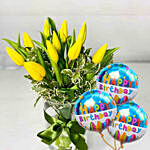 Beautifull Tulip Bunch With Birthday Balloon