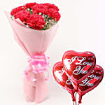 Pink Carnations Bouquet With I Love You Balloon