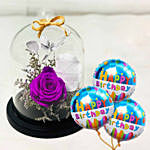 Purple Rose Glass Dome With Birthday Balloon