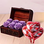 Purple Roses Wooden Box With I Love You Balloon