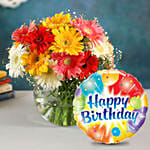 Classy Mix Of Gerbera Blossoms with Birthday Balloon