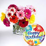 Elegant Gerberas In Glass Vase with Birthday Balloon